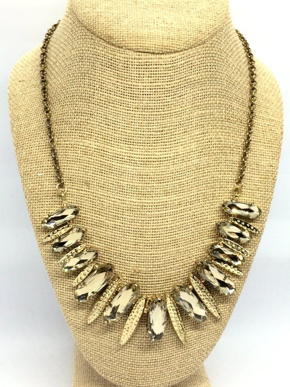 Gold Tone Statement Necklace Bib Collar Champagne Crystal Spike Glam